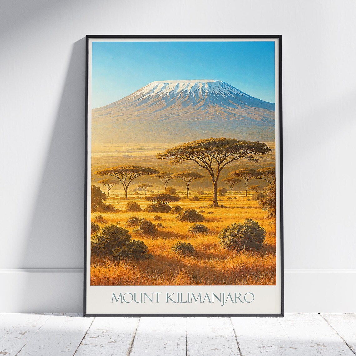Mount Kilimanjaro Tanzania Golden Savanna Acacia Trees Sunset Travel Poster