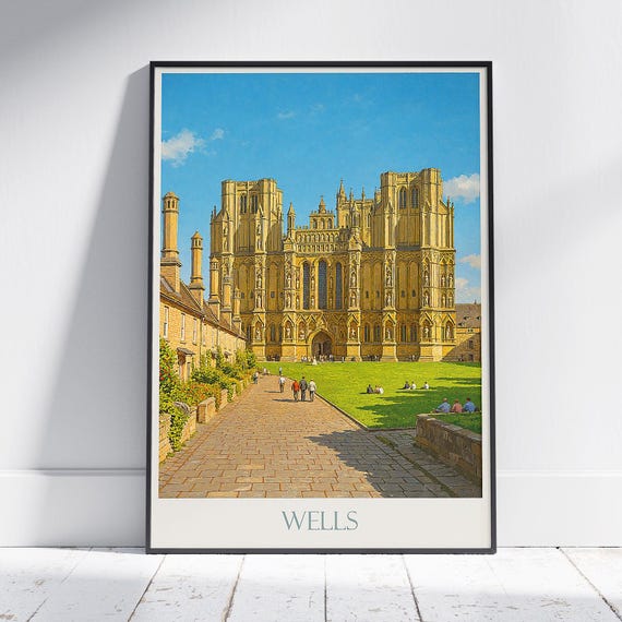 Wells Cathedral Travel Poster England Gothic Architecture Art Print Uk Landmark Wall Decor Somerset Vacation Gift