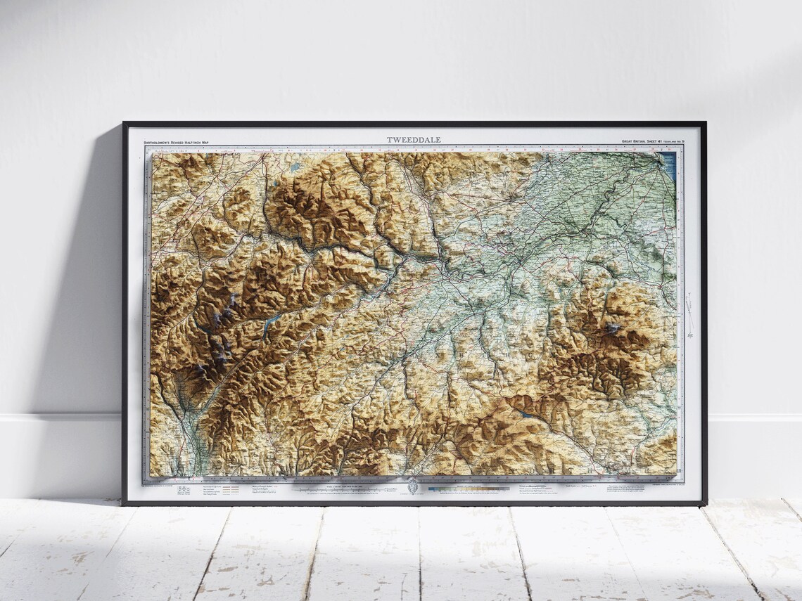 Tweeddale Scotland Vintage Atlas Shaded Relief Terrain Map Poster