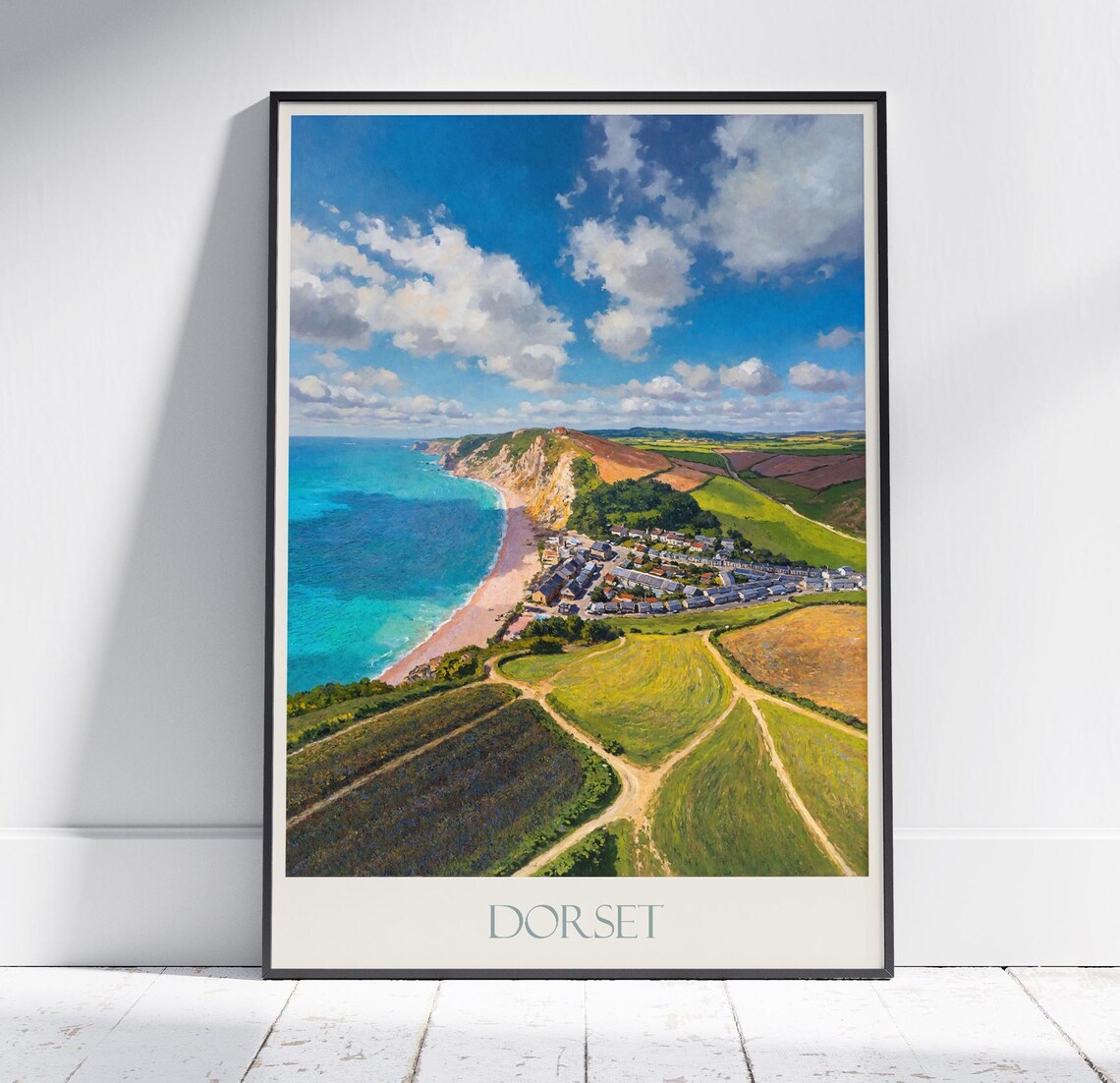 Dorset England Turquoise Coast Beach Village Aerial Travel Poster