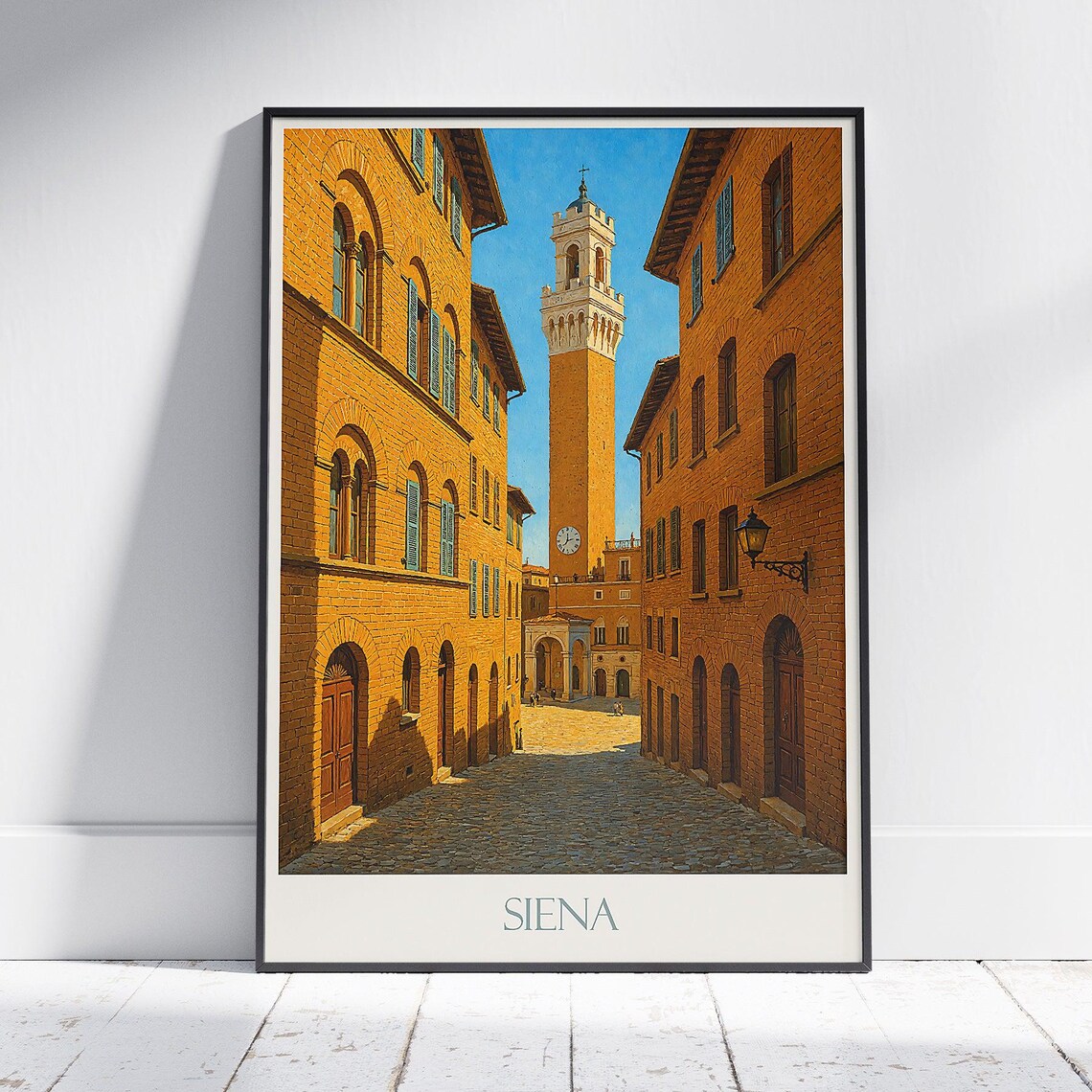 Siena Italy Medieval Street Torre del Mangia Vintage Travel Art Poster