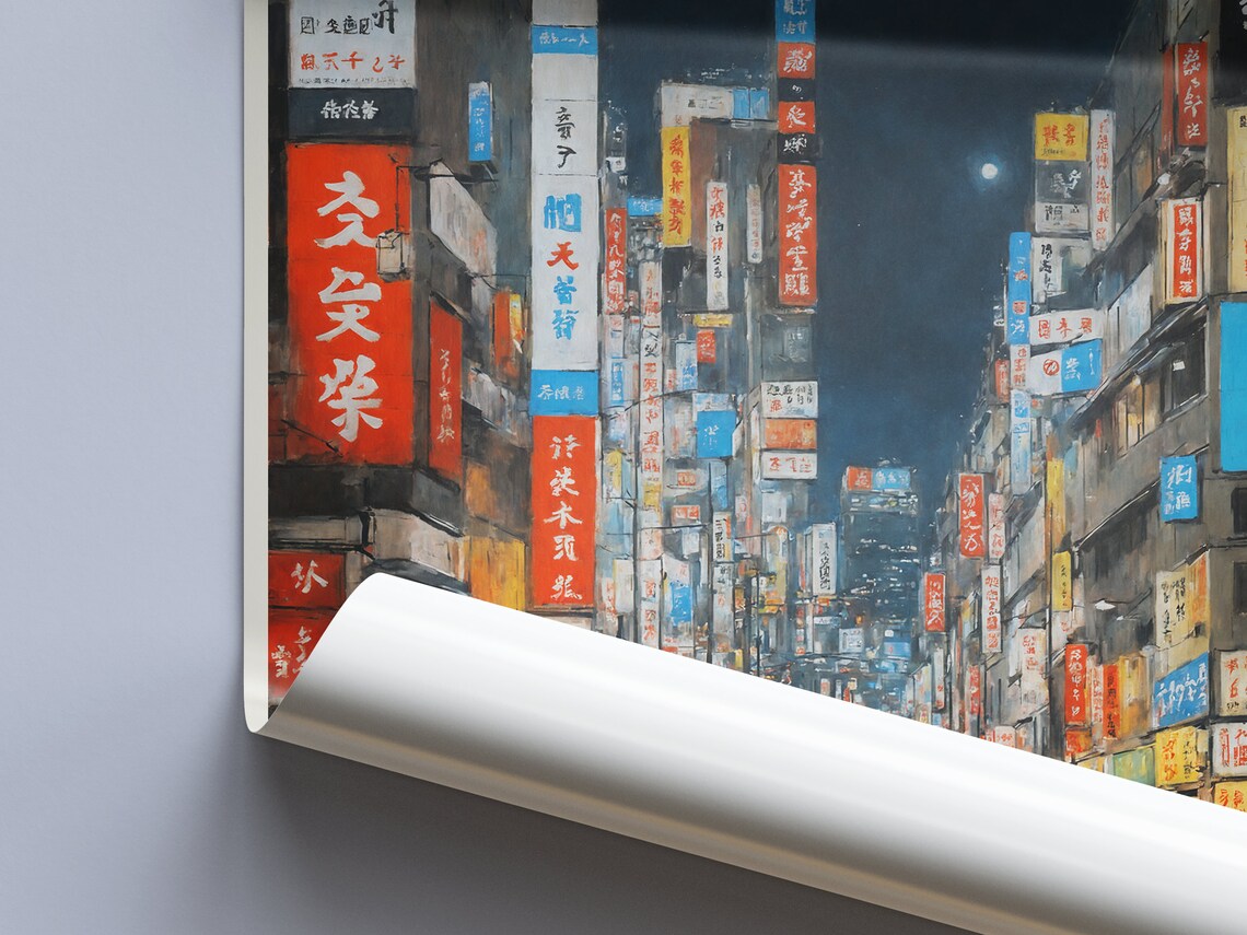 Tokyo Japan Night Neon Signs Street Painted Cityscape Travel Poster - Image 2