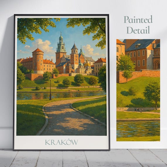 Krakow Travel Poster Wawel Castle Poland Wall Art Print Painted Cityscape Personalized Home Decor Gift