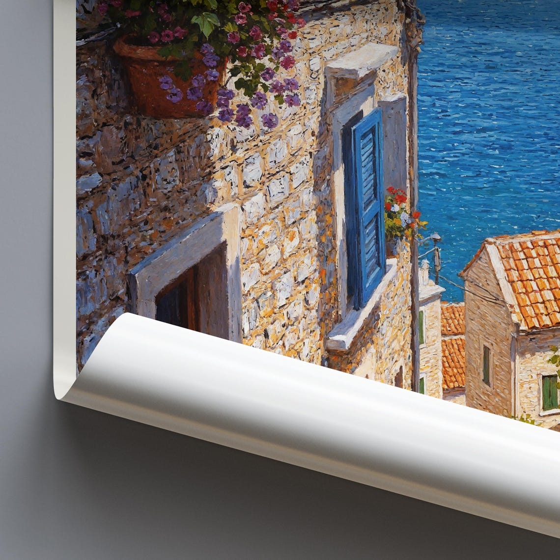 Korcula Croatia Stone House Blue Shutters Seaside Travel Poster