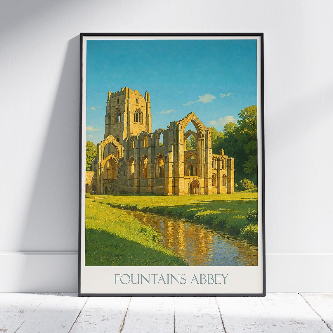 Fountains Abbey Yorkshire England Historic Stone Ruins Travel Poster