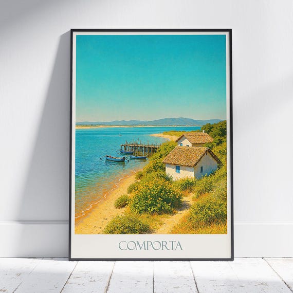 Comporta Travel Poster Portugal Beach Art Print Coastal Home Decor Thatched Roof House Illustration Summer Vacation Wall