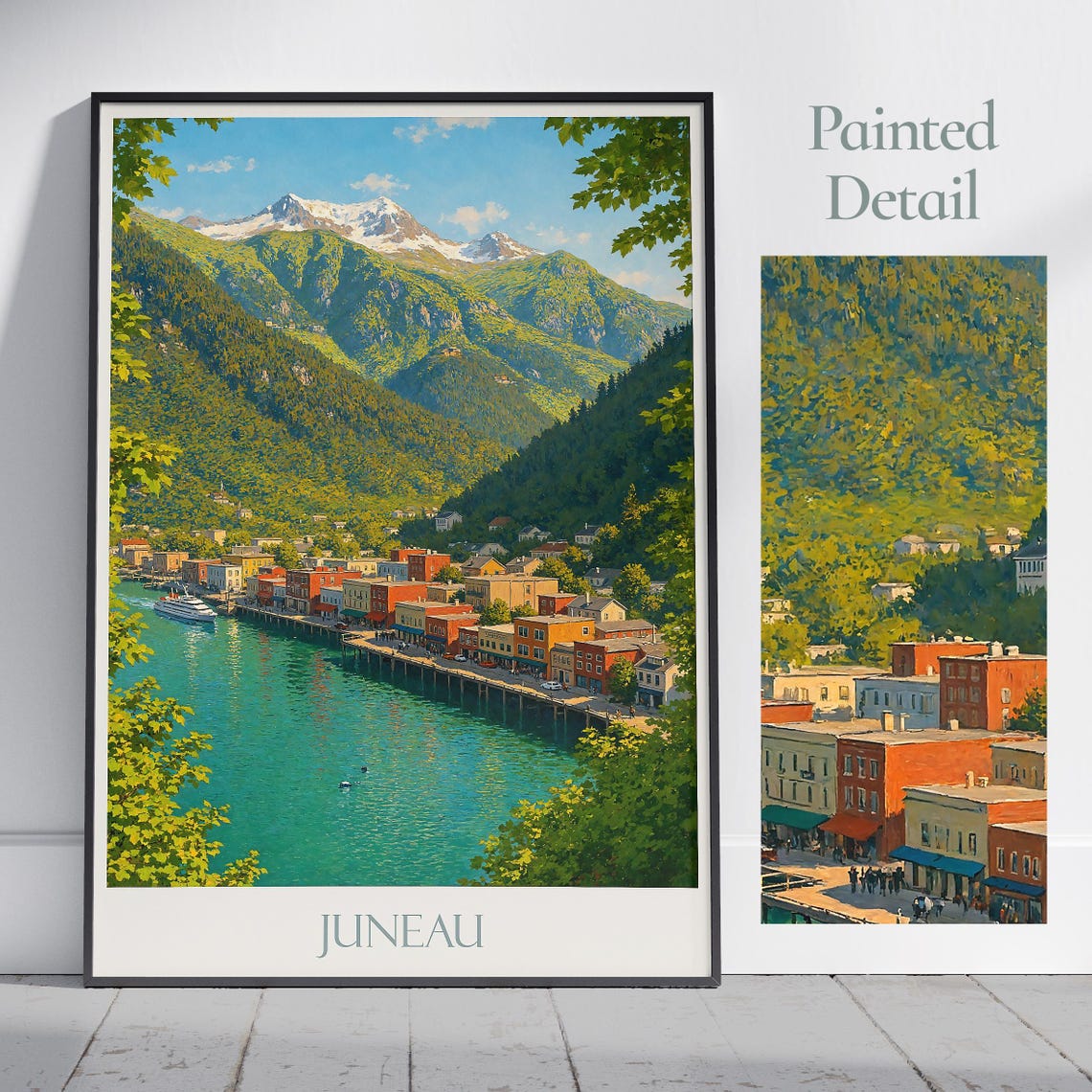 Juneau Travel Poster Waterfront Cityscape Alaska Painted Wall Art Print Home Decor Framed Personalized Vacation Gift