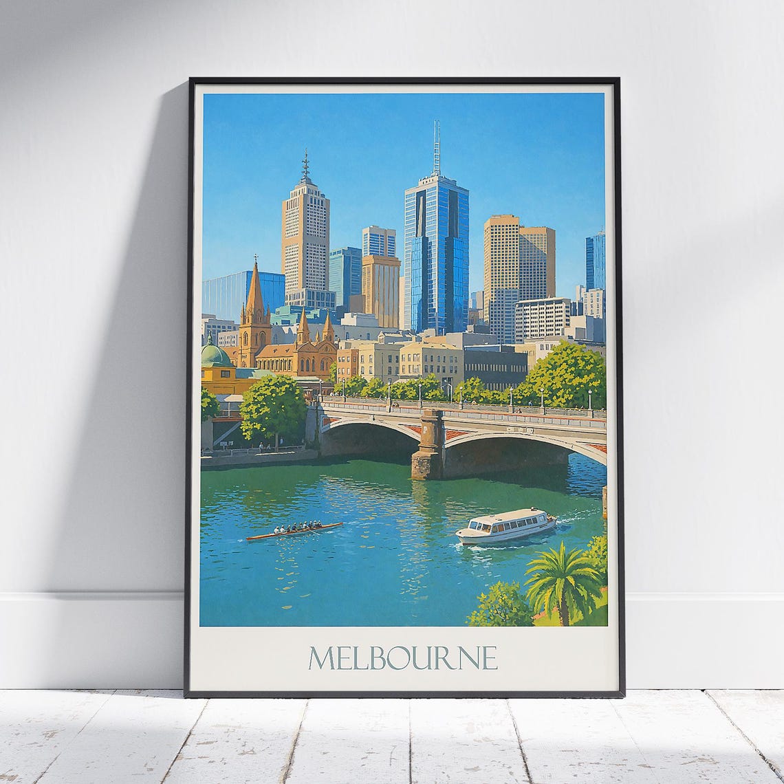 Melbourne Australia Painted Poster Yarra River Skyline Bridge View