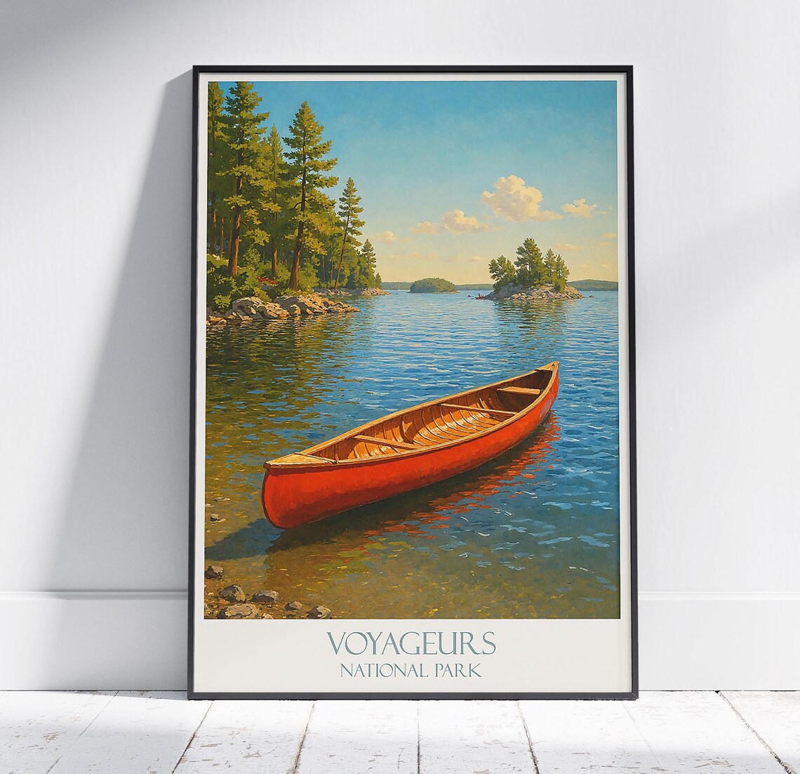 Voyageurs National Park Bright Red Canoe Glassy Lake Travel Poster