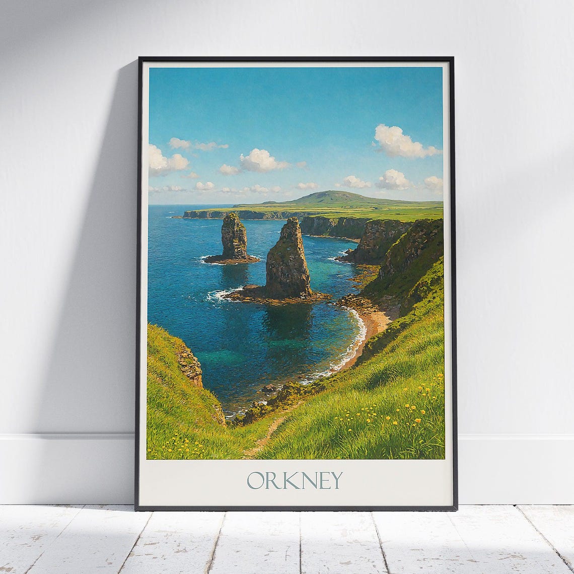 Orkney Islands Sea Stacks Green Cliffs Scottish Coast Travel Poster