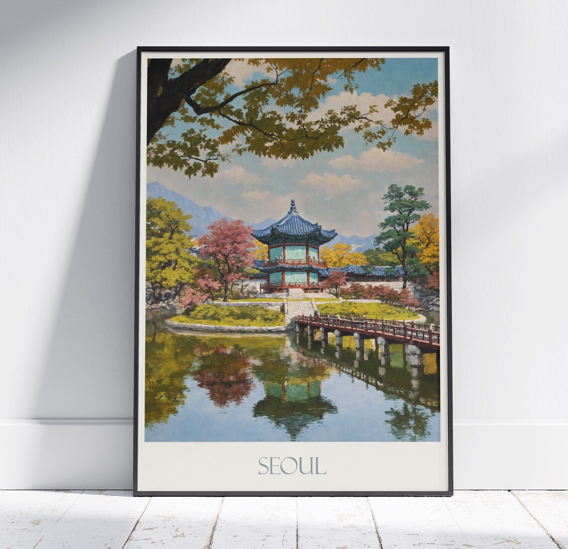 Seoul Royal Pavilion Pond Fiery Autumn Foliage Travel Poster