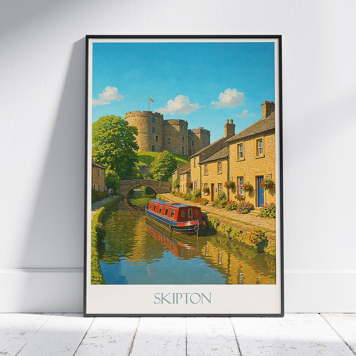 Skipton Castle And Canal Narrowboat Yorkshire Town Travel Poster