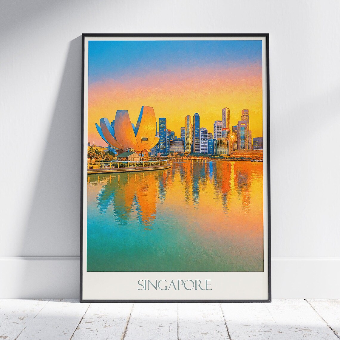 Singapore Marina Bay Sunset Skyline Poster ArtScience Museum Glow Travel Art