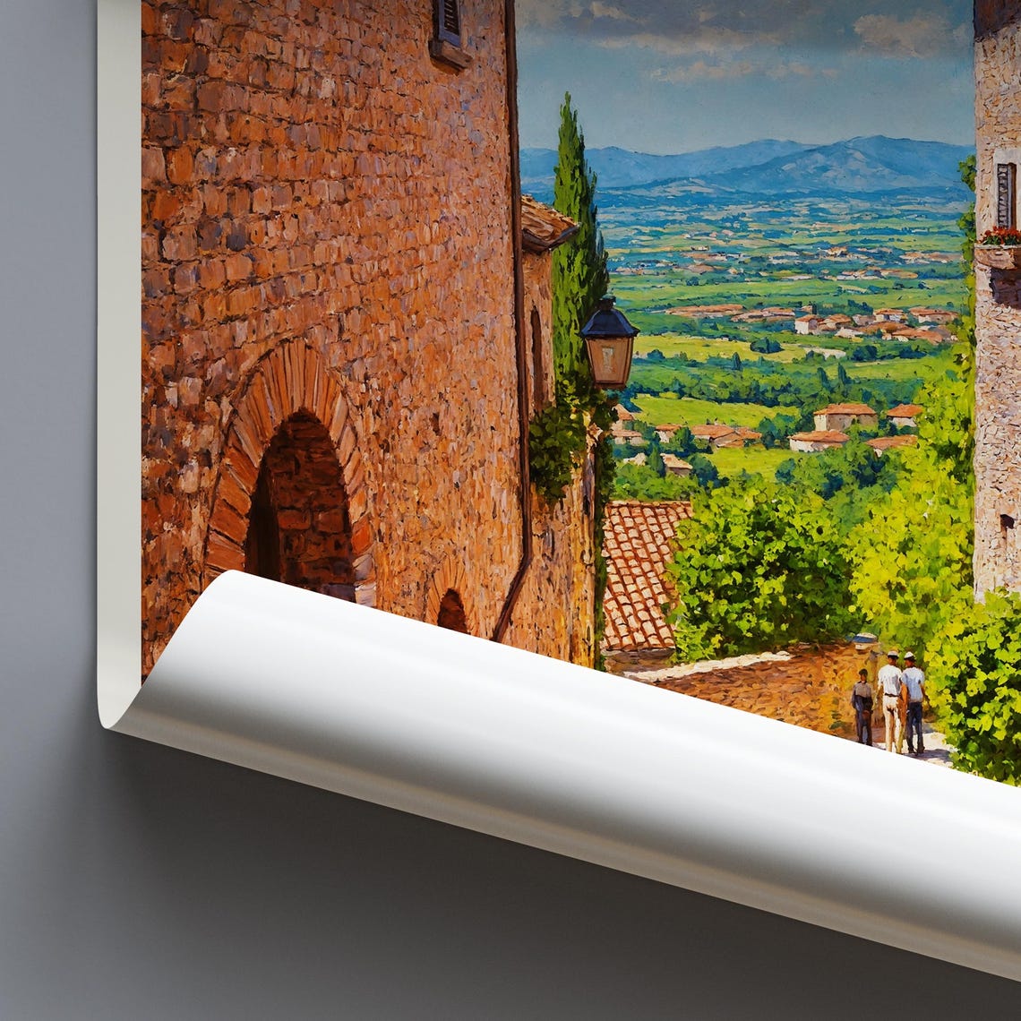 Umbria Italy Charming Hilltop Cobblestone Street Painted Art Poster - Image 4