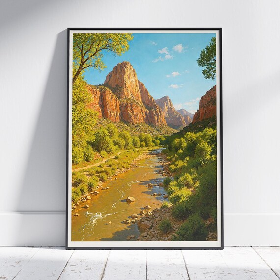 Zion National Park Utah Vintage Poster Red Rock Cliffs River Scene