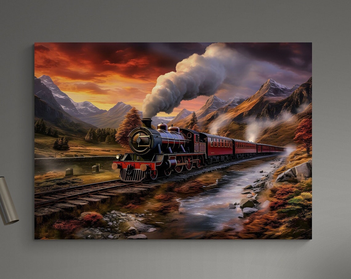 Express Train Wall Art Nature Mountains Landscape Print Coal Train Painting Ready To Hang - Image 3
