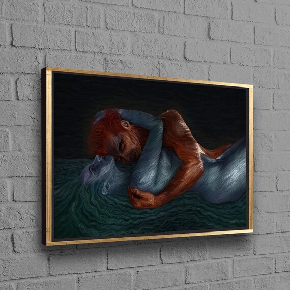 Embracing Figures Dark Ocean Waves Surreal Fantasy Art Poster