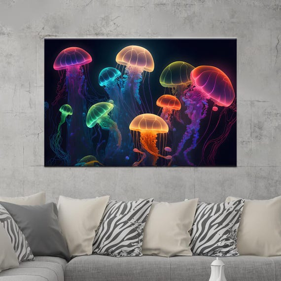 Colorful Jellyfish Canvas Wall Art Painting Modern Ocean Artwork Neon Sea Life Print Contemporary Underwater Decor For Home