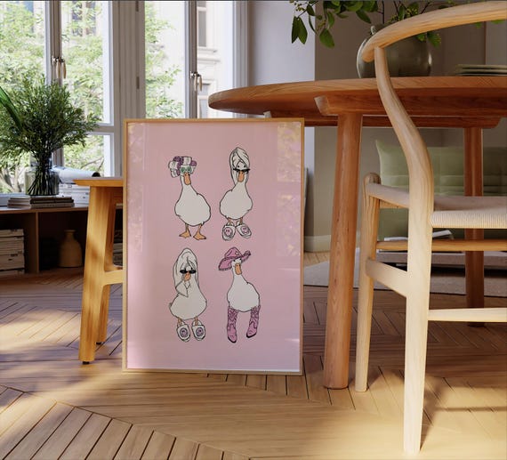 Four Ducks Towel Cowboy And Curlers On Pink Background It Girl Art Shower Bathroom Cute Trendy Wall