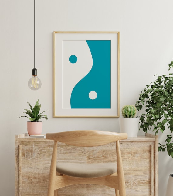 Crisp Bold Teal White Yin Yang Minimalist Zen Abstract Art Poster