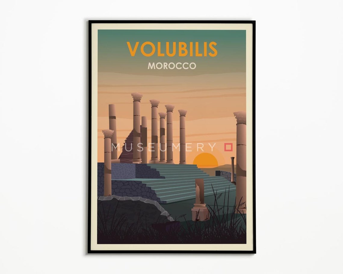 Volubilis Morocco Roman Columns at Sunset Vintage Travel Poster