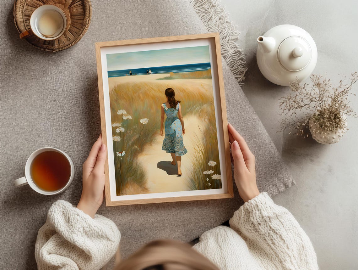 Woman Walking Sandy Path To Beach Dunes Coastal Seaside Art Poster - Image 3
