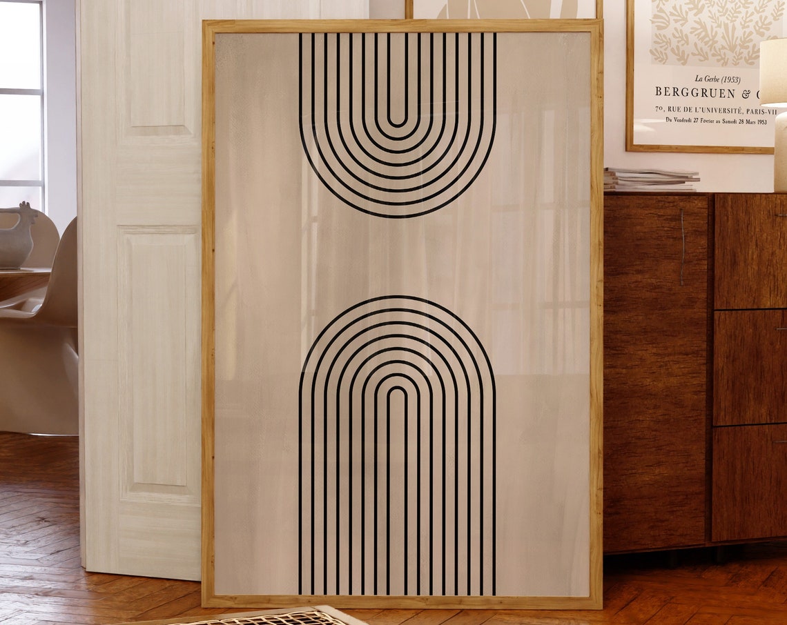 Black Geometric Rainbow Arches Mid Century Poster with Bold Line Art