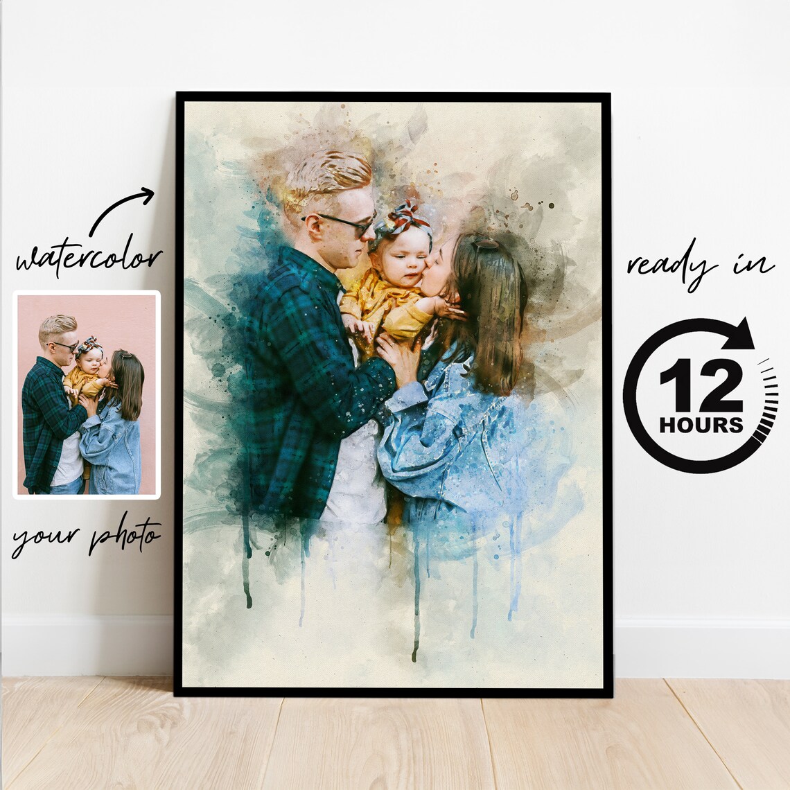 Custom Watercolor Family Portrait Couple with Baby Gift Poster