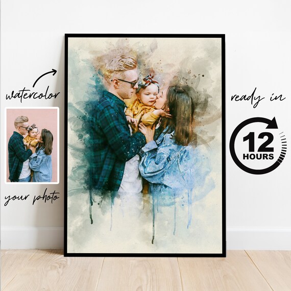 Custom Watercolor Family Portrait Couple with Baby Gift Poster