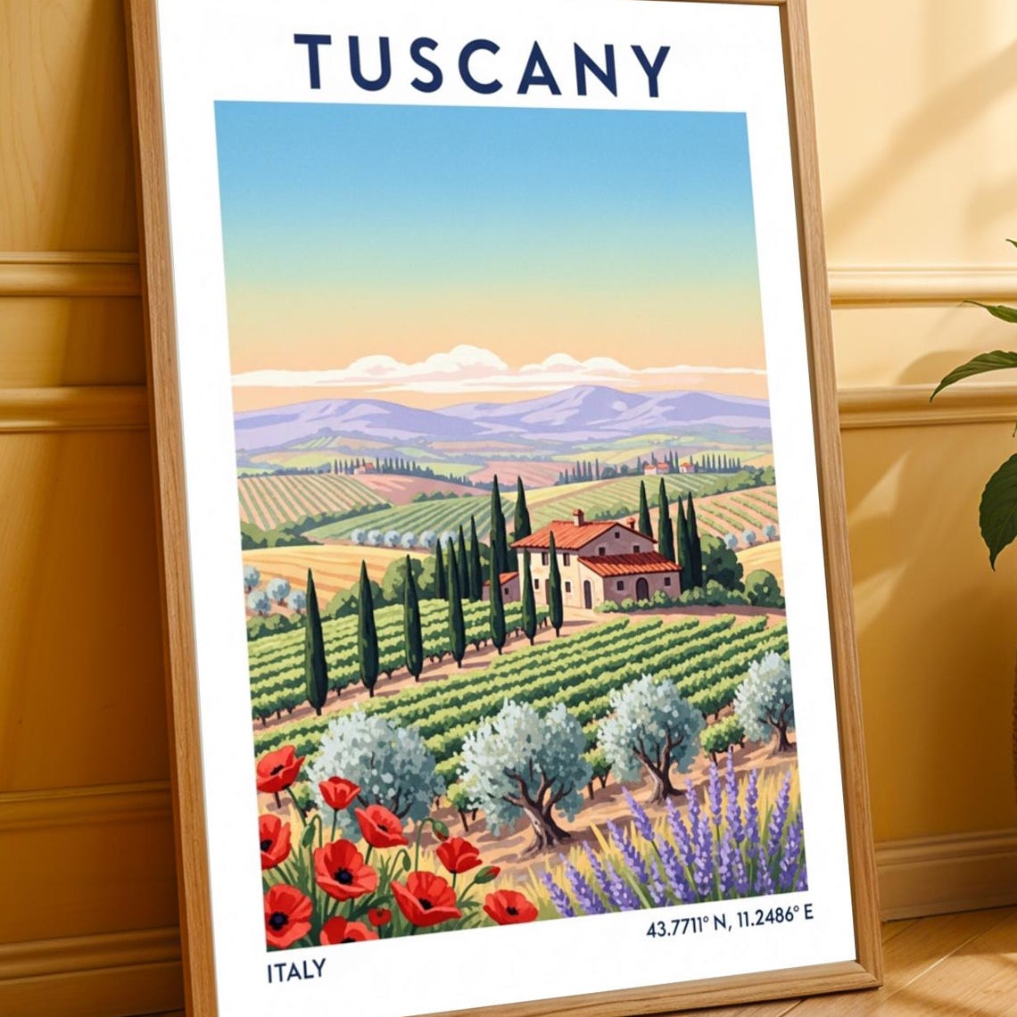 Tuscany Countryside Poster Blue And Green Red Purple Orange Illustration Italian Landscape Art Travel Enthusiasts Living
