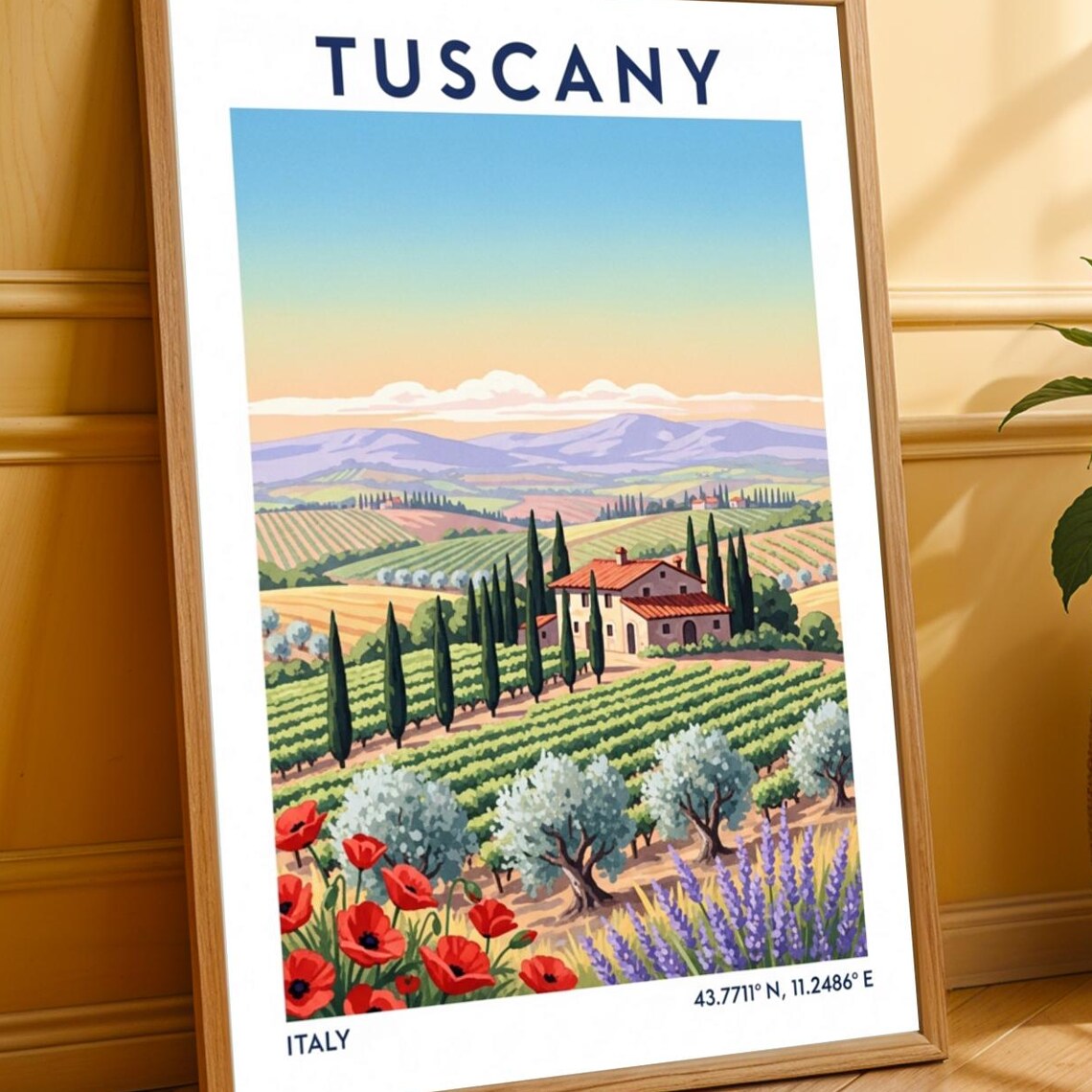 Tuscany Italy Vintage Travel Poster Villa Vineyards Poppies Scene Art