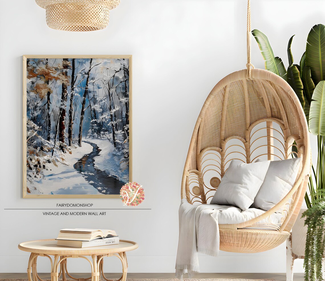 Winter Forest Path Stream Poster Impasto Snowy Woodland Painting Decor - Image 2
