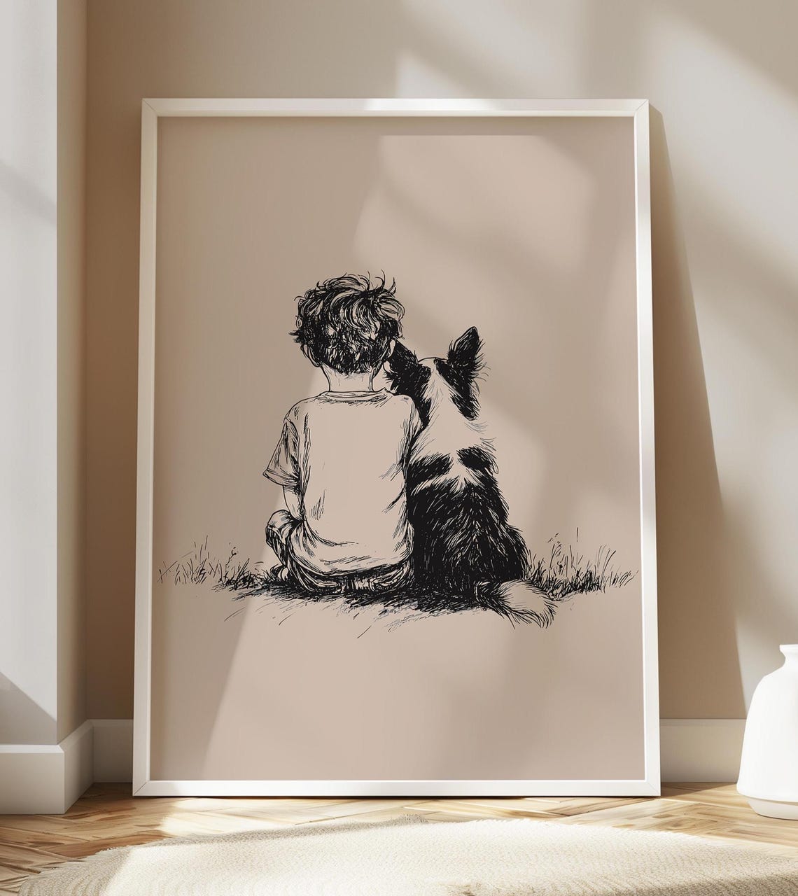 Border Collie And Boy Nursery Poster Vintage Dog Wall Art Puppy Sketch Decor Retro Print Neutral Drawing