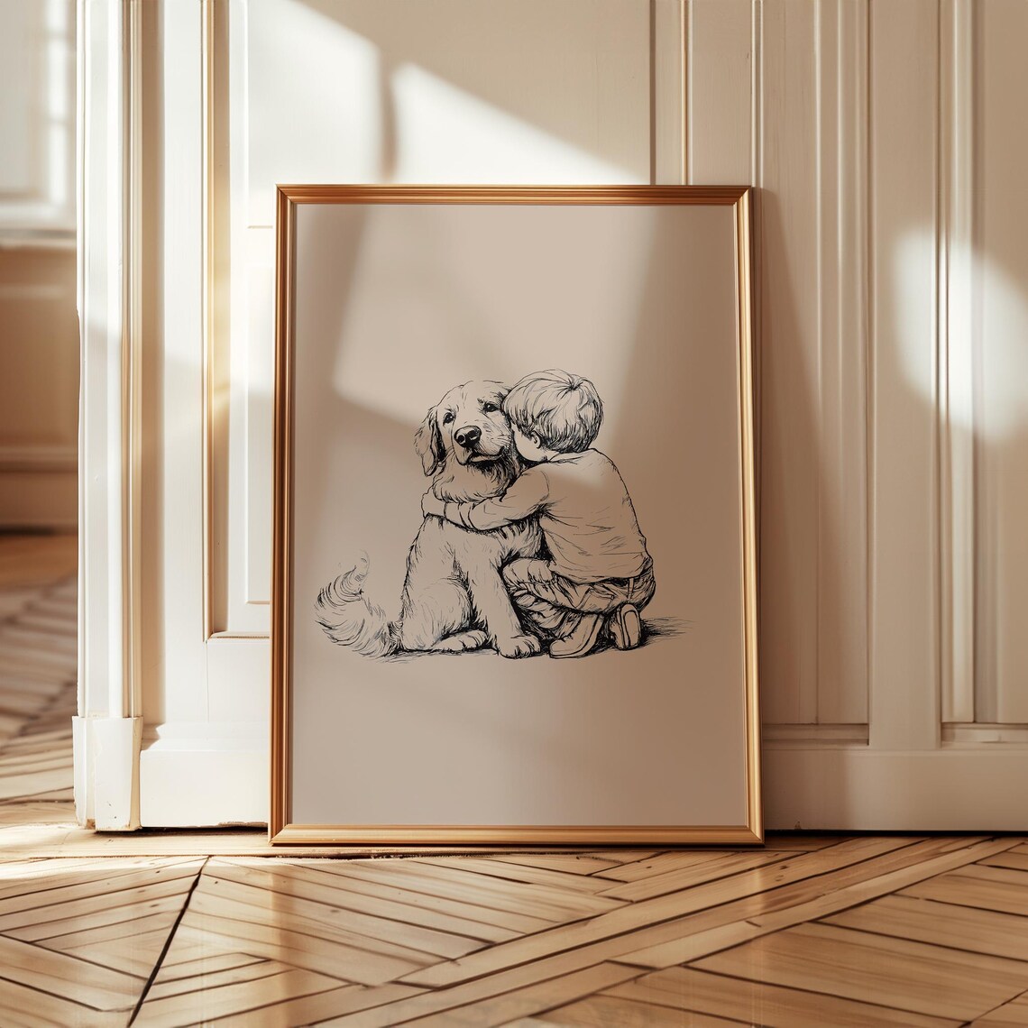 Boy Hugging Golden Retriever Dog Tender Ink Sketch Art Poster - Image 3