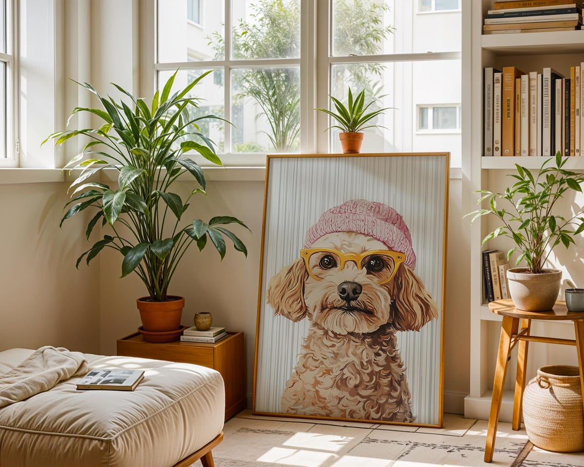 Cavapoo in Pink Knit Beanie and Yellow Glasses Dog Art Poster - Image 2