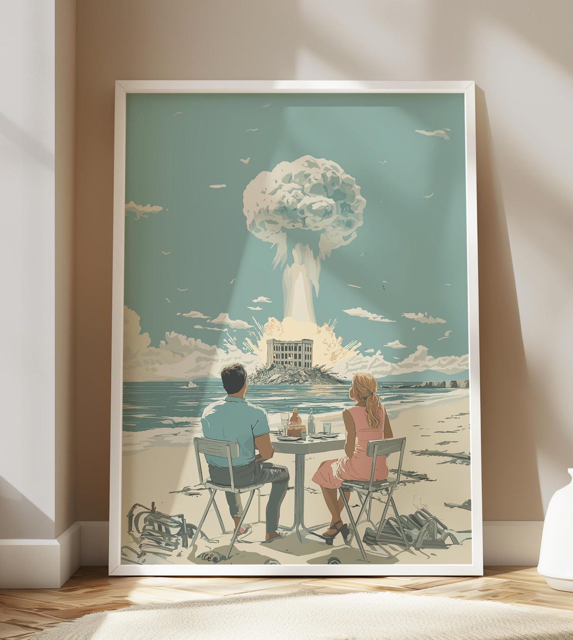 Retro Beach Dinner Under a Mushroom Cloud Surreal Art Poster