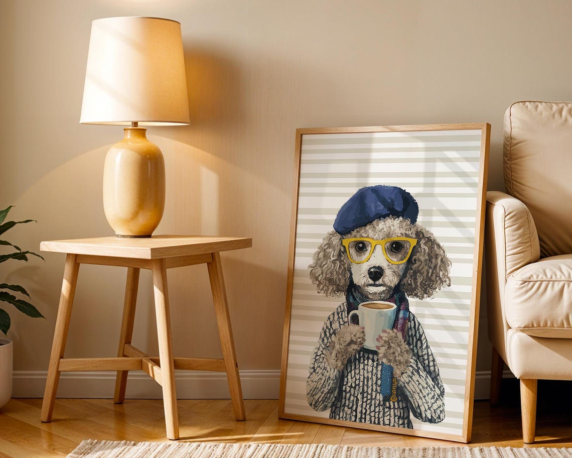 Poodle in Blue Beret and Yellow Glasses Sipping Coffee Poster - Image 2
