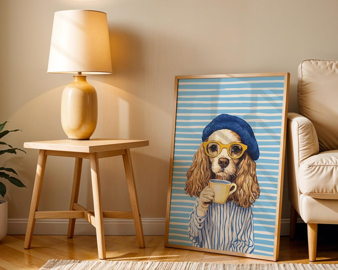 Funny Cocker Spaniel Sipping Coffee Dog Pet Art Wall Decor Portrait Painting Kitchen Poster Print Illustration Retro Drawing - Image 2