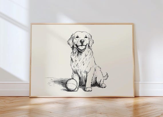 Golden Retriever Vintage Print Nursery Art Dog Wall Sketch Drawing Farmhouse Poster Puppy Illustration