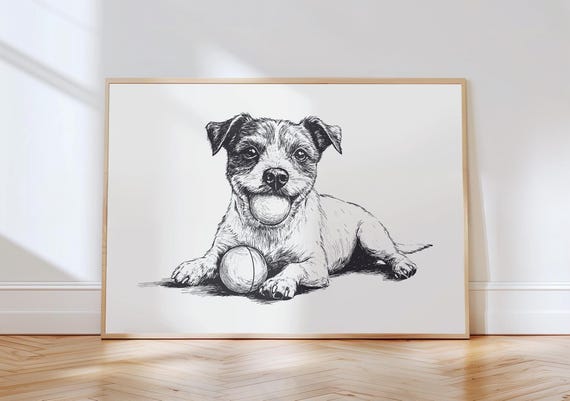 Jack Russell With Ball Vintage Print Dog Wall Art Sketch Horizontal Nursery Drawing Farmhouse Poster Puppy Illustration