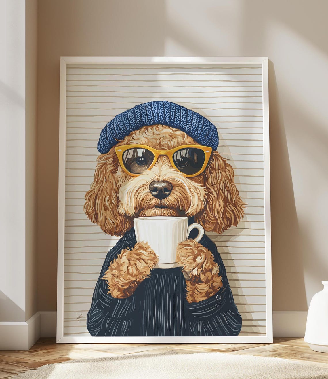 Goldendoodle in Knit Beanie and Sunglasses Holding Mug Poster