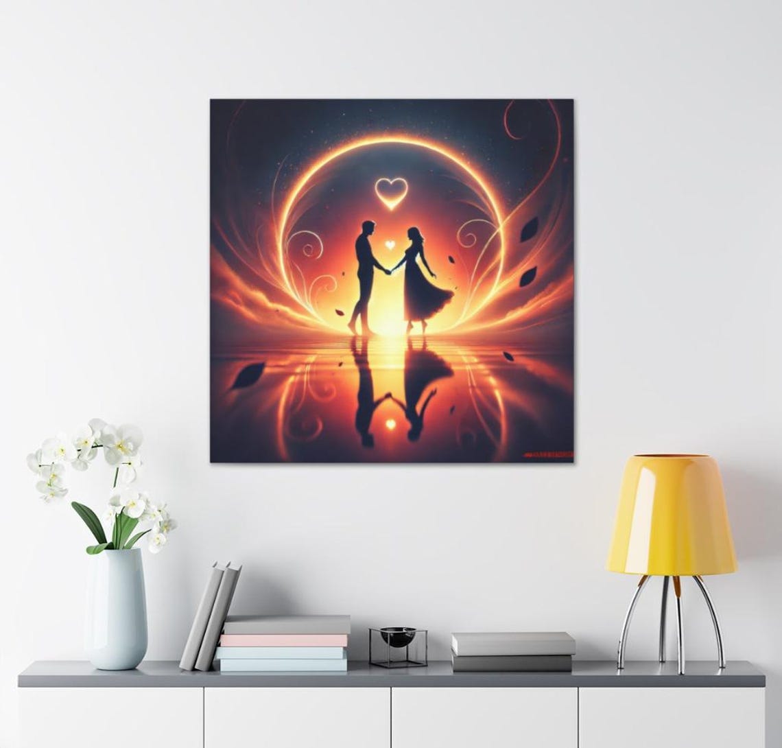 Couple Silhouette inside a Fiery Ring of Light with Hearts Art Poster - Image 2