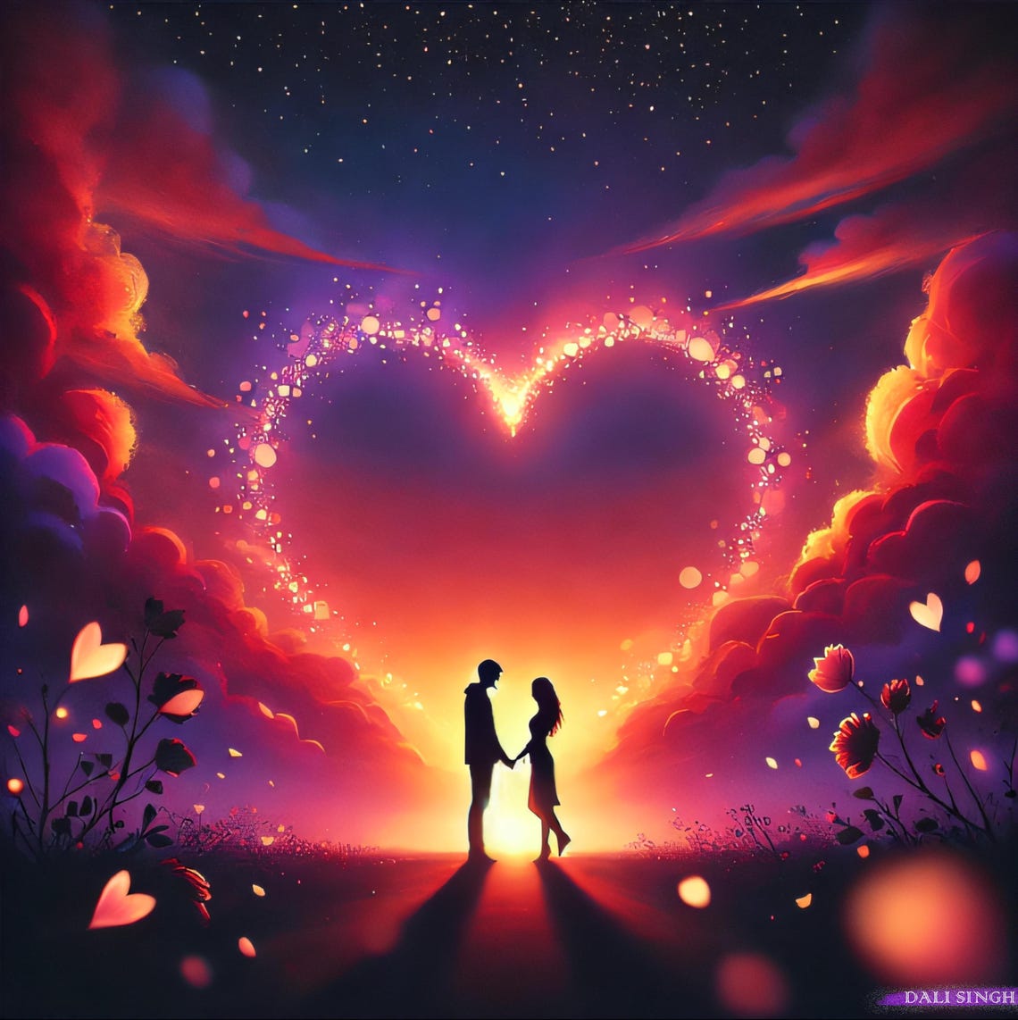 Couple Silhouette inside a Sparkling Heart of Clouds at Sunset Poster