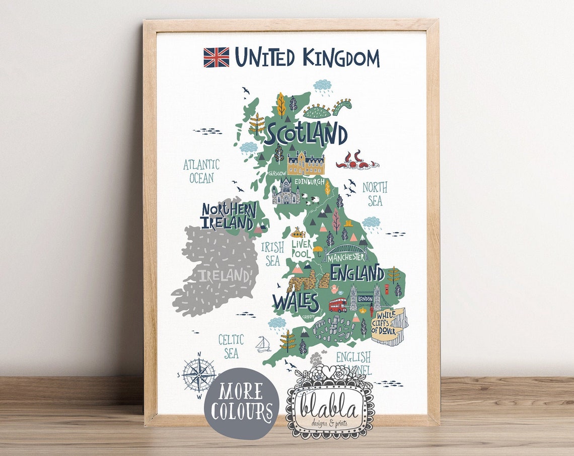 United Kingdom Illustrated Landmarks Map Kids Educational Wall Art