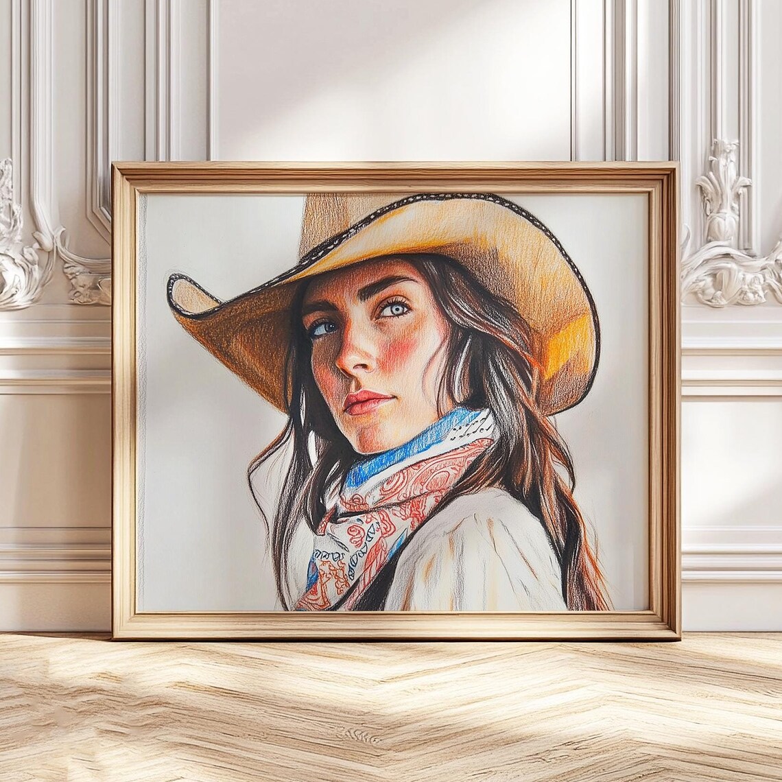 Cowgirl Portrait Straw Hat and Bandana Colored Pencil Poster