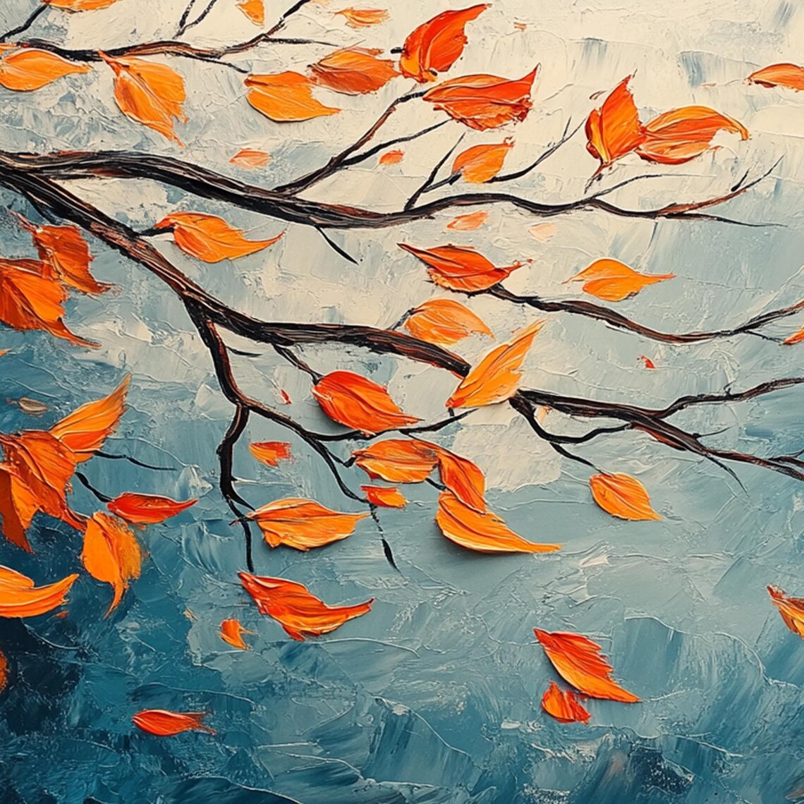 Stormy Autumn Branch with Red Orange Leaves on Teal Sky Wall Art - Image 4