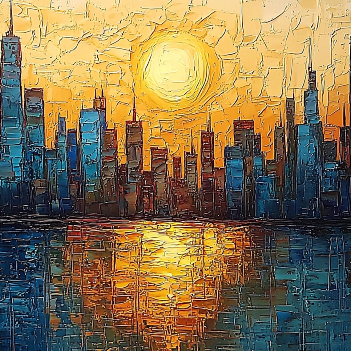 Golden Sunset City Skyline with Skyscrapers Reflection Wall Art - Image 3
