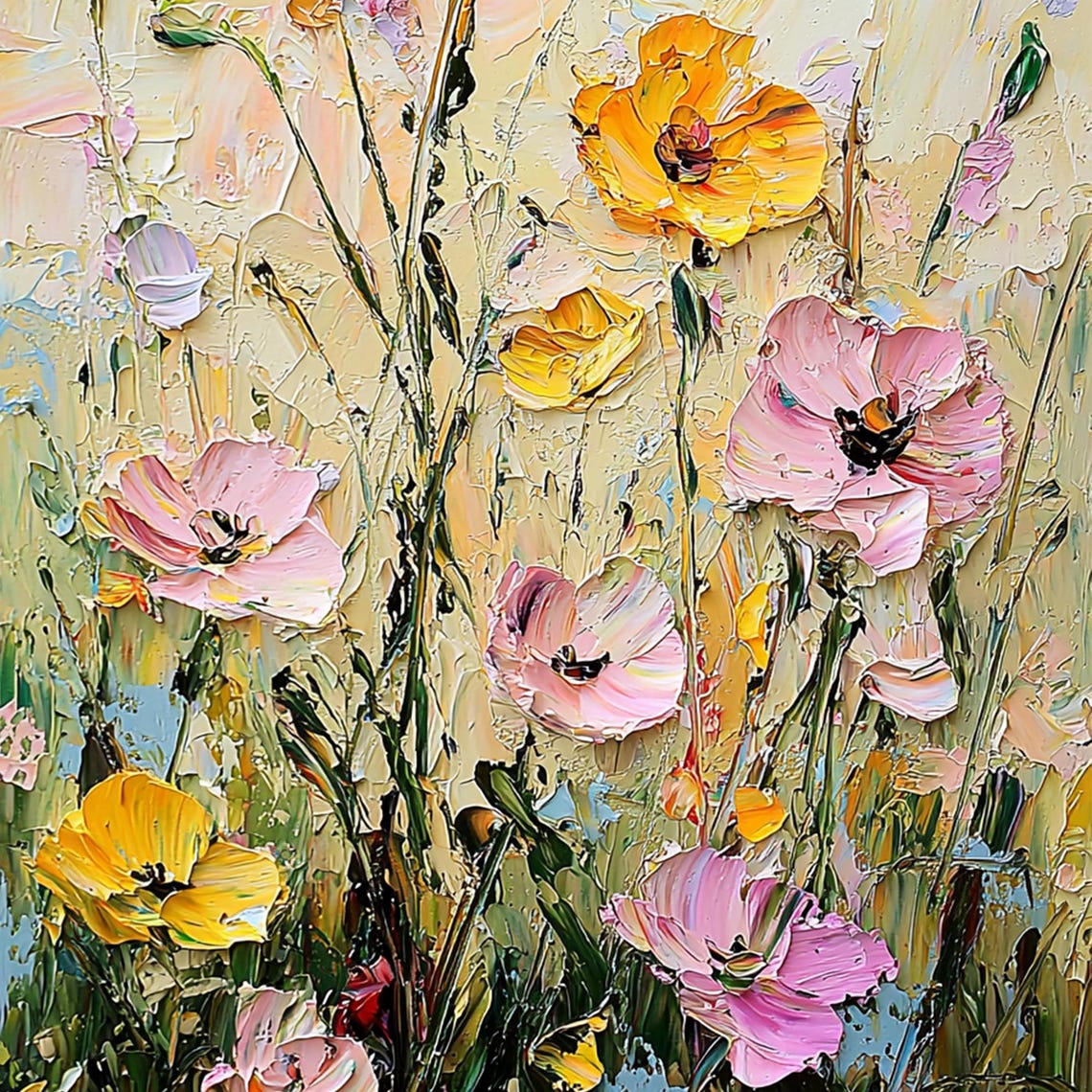 Pink Yellow Poppy Blooms Standing Tall on Cream Impasto Wall Art - Image 4
