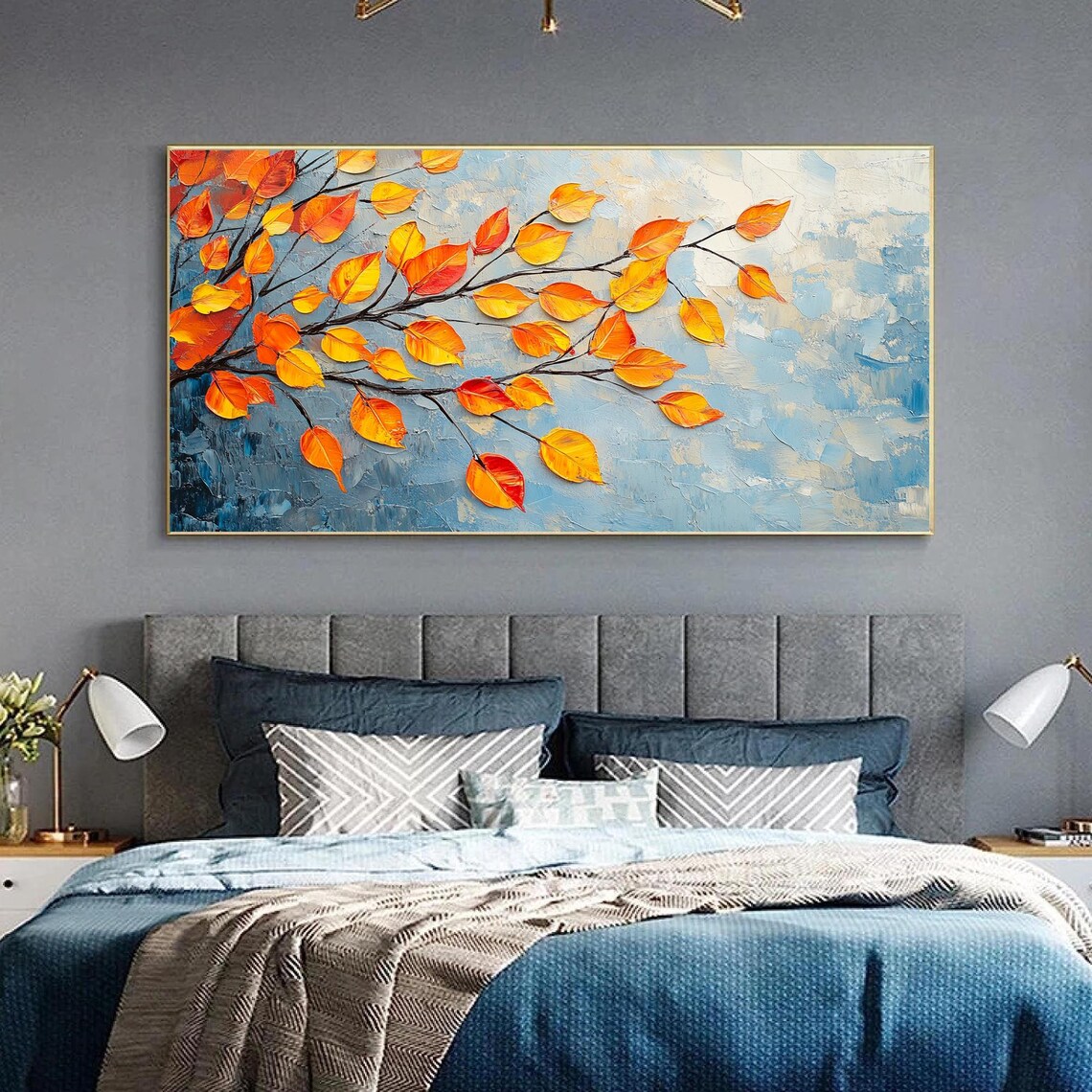 Autumn Orange Leaves on Dark Branch Against Blue Textured Wall Art - Image 2