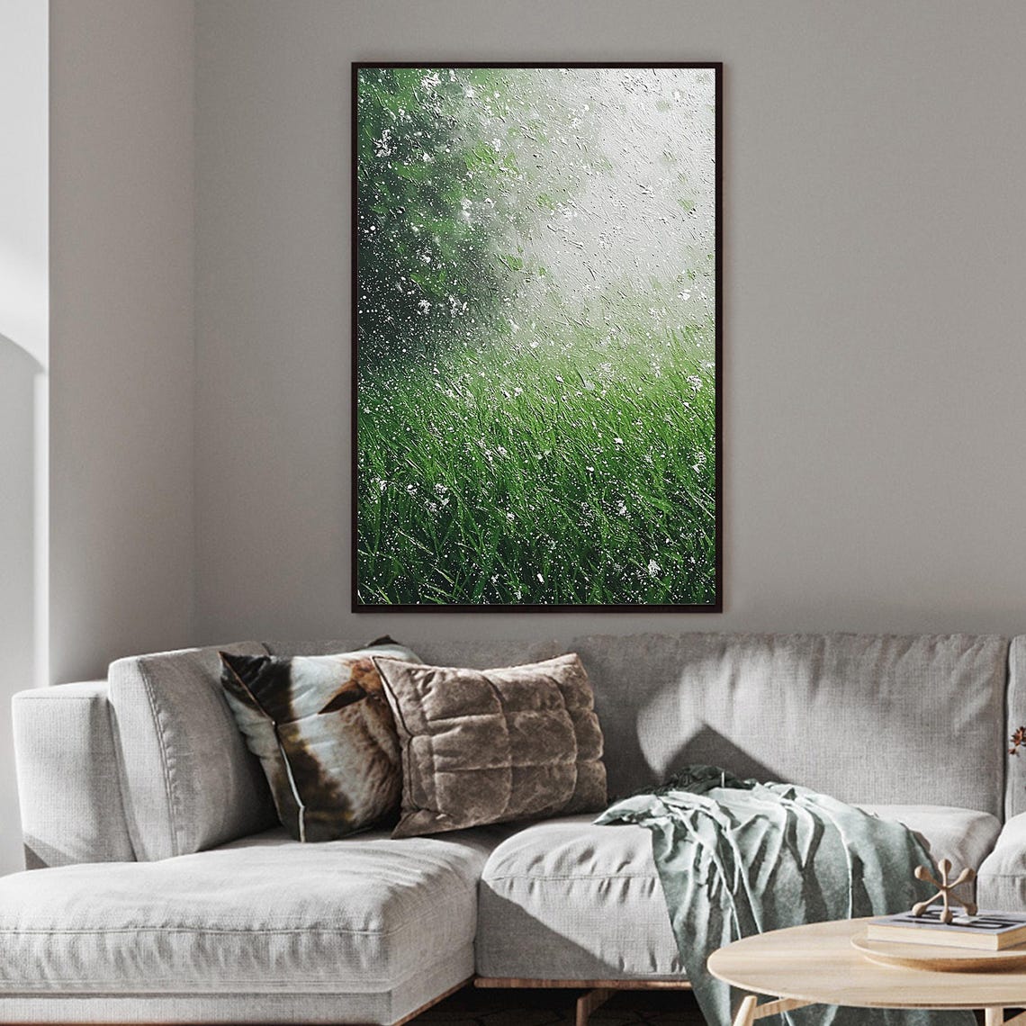 Snowy Green Grass Field Dissolving into Winter Mist Nature Wall Art - Image 5